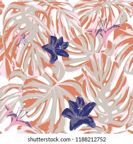 Tropical Print. Jungle Seamless Pattern. Vector Illustration of Tropical Leaves and Flowers. Background Texture, Wrapping Paper, Textile, Fabric or Wallpaper. 
