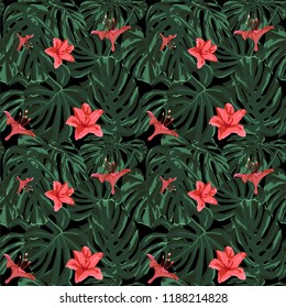 Tropical Print. Jungle Seamless Pattern. Vector Illustration of Tropical Leaves and Flowers. Swimwear Design. Summer Hawaiian Pattern. 
Aloha Fabric Repeated Print. 
 
