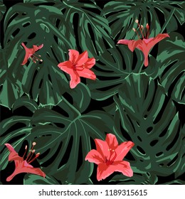 Tropical Print. Jungle Seamless Pattern. Vector Tropic Summer Motif with Hawaiian Flowers. Background Texture, Wrapping Paper, Textile, Fabric or Wallpaper. 
