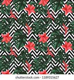 Tropical Print. Jungle Seamless Pattern. Vector Illustration of Tropical Leaves and Flowers. Background Texture, Wrapping Paper, Textile, Fabric or Wallpaper. 
