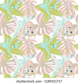 Tropical Print. Jungle Seamless Pattern. Vector Illustration of Tropical Leaves and Flowers. Swimwear Design. Summer Hawaiian Pattern. 
Aloha Fabric Repeated Print. 
 
