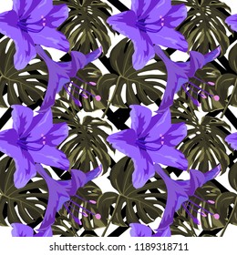 Tropical Print. Jungle Seamless Pattern. Vector Tropic Summer Motif with Hawaiian Flowers. Background Texture, Wrapping Paper, Textile, Fabric or Wallpaper. 
