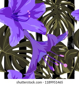 Tropical Print. Jungle Seamless Pattern. Vector Tropic Summer Motif with Hawaiian Flowers. Swimwear Design. 