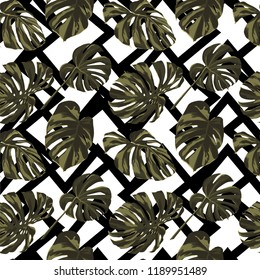 Tropical Print. Jungle Seamless Pattern. Vector Tropic Summer Motif with Hawaiian Flowers. Swimwear Design.