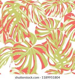 Tropical Print. Jungle Seamless Pattern. Vector Illustration of Tropical Leaves and Flowers. Swimwear Design. Summer Hawaiian Pattern. 
Aloha Fabric Repeated Print. 
 
