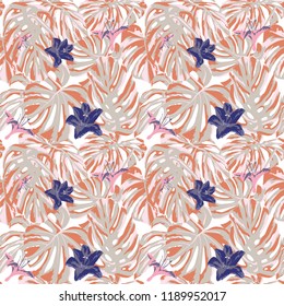 Tropical Print. Jungle Seamless Pattern. Vector Tropic Summer Motif with Hawaiian Flowers. Background Texture, Wrapping Paper, Textile, Fabric or Wallpaper. 
