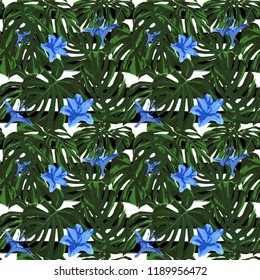 Tropical Print. Jungle Seamless Pattern. Vector Tropic Summer Motif with Hawaiian Flowers. Interior Design
Swimwear Design. 
 
