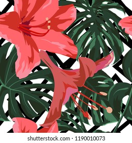 Tropical Print. Jungle Seamless Pattern. Vector Tropic Summer Motif with Hawaiian Flowers. Background Texture, Wrapping Paper, Textile, Fabric or Wallpaper. 
