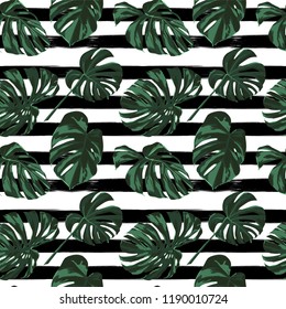 Tropical Print. Jungle Seamless Pattern. Vector Tropic Summer Motif with Hawaiian Flowers. Background Texture, Wrapping Paper, Textile, Fabric or Wallpaper. 
