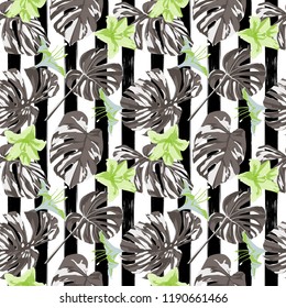 Tropical Print. Jungle Seamless Pattern. Vector Illustration of Tropical Leaves and Flowers. Swimwear Design. Summer Hawaiian Pattern. 
Aloha Fabric Repeated Print. 
 
