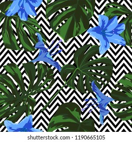 Tropical Print. Jungle Seamless Pattern. Vector Illustration of Tropical Leaves and Flowers. Background Texture, Wrapping Paper, Textile, Fabric or Wallpaper. 
