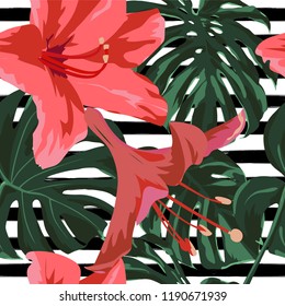 Tropical Print. Jungle Seamless Pattern. Vector Tropic Summer Motif with Hawaiian Flowers. Swimwear Design. Summer Hawaiian Pattern. 
Aloha Fabric Repeated Print. 
 
