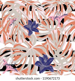 Tropical Print. Jungle Seamless Pattern. Vector Illustration of Tropical Leaves and Flowers. Background Texture, Wrapping Paper, Textile, Fabric or Wallpaper. 
