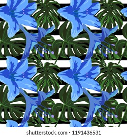 Tropical Print. Jungle Seamless Pattern. Vector Tropic Summer Motif with Hawaiian Flowers. Interior Design
Swimwear Design. 
 
