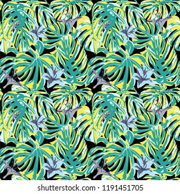 Tropical Print. Jungle Seamless Pattern. Vector Illustration of Tropical Leaves and Flowers. Background Texture, Wrapping Paper, Textile, Fabric or Wallpaper. 
