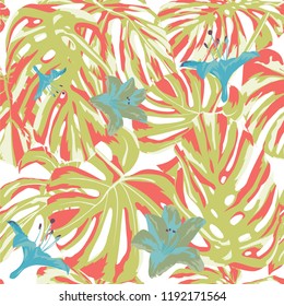 Tropical Print. Jungle Seamless Pattern. Vector Illustration of Tropical Leaves and Flowers. Swimwear Design. Summer Hawaiian Pattern. 
Aloha Fabric Repeated Print. 
 

