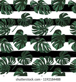 Tropical Print. Jungle Seamless Pattern. Vector Illustration of Tropical Leaves and Flowers. Swimwear Design. Summer Hawaiian Pattern. Aloha Fabric Repeated Print. 
 
