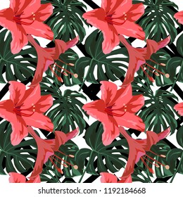 Tropical Print. Jungle Seamless Pattern. Vector Illustration of Tropical Leaves and Flowers. Interior Design
Swimwear Design. 
 
