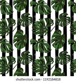 Tropical Print. Jungle Seamless Pattern. Vector Tropic Summer Motif with Hawaiian Flowers. Background Texture, Wrapping Paper, Textile, Fabric or Wallpaper. 
