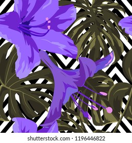 Tropical Print. Jungle Seamless Pattern. Vector Illustration of Tropical Leaves and Flowers. Swimwear Design. Summer Hawaiian Pattern. 
Aloha Fabric Repeated Print. 
 
