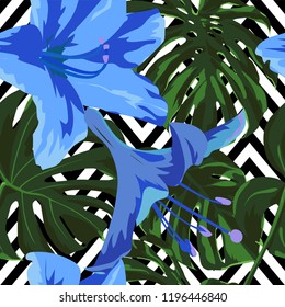 Tropical Print. Jungle Seamless Pattern. Vector Tropic Summer Motif with Hawaiian Flowers. Interior Design
Swimwear Design. 
 
