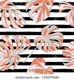 Tropical Print. Jungle Seamless Pattern. Vector Illustration of Tropical Leaves and Flowers. Swimwear Design. Summer Hawaiian Pattern. 
Aloha Fabric Repeated Print. 
 
