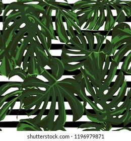 Tropical Print. Jungle Seamless Pattern. Vector Tropic Summer Motif with Hawaiian Flowers. Background Texture, Wrapping Paper, Textile, Fabric or Wallpaper. 
