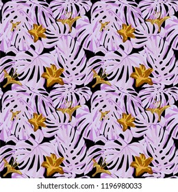 Tropical Print. Jungle Seamless Pattern. Vector Tropic Summer Motif with Hawaiian Flowers. Interior Design
Swimwear Design. 
 
