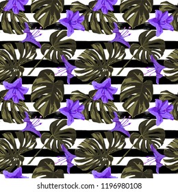Tropical Print. Jungle Seamless Pattern. Vector Illustration of Tropical Leaves and Flowers. Swimwear Design. Summer Hawaiian Pattern. 
Aloha Fabric Repeated Print. 
 
