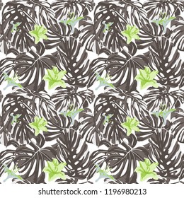 Tropical Print. Jungle Seamless Pattern. Vector Illustration of Tropical Leaves and Flowers. Background Texture, Wrapping Paper, Textile, Fabric or Wallpaper. 
