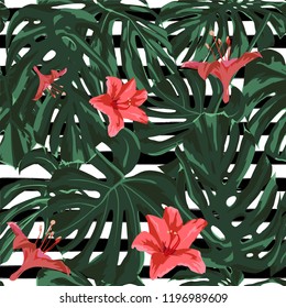 Tropical Print. Jungle Seamless Pattern. Vector Illustration of Tropical Leaves and Flowers. Background Texture, Wrapping Paper, Textile, Fabric or Wallpaper. 
