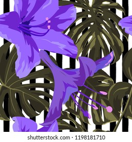 Tropical Print. Jungle Seamless Pattern. Vector Tropic Summer Motif with Hawaiian Flowers. Interior Design
Swimwear Design. 
 
