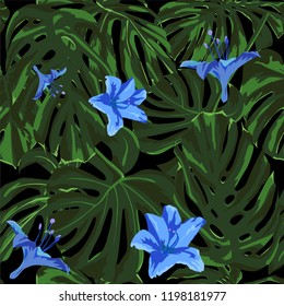 Tropical Print. Jungle Seamless Pattern. Vector Tropic Summer Motif with Hawaiian Flowers. Interior Design
Swimwear Design. 
 

