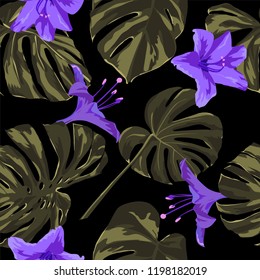 Tropical Print. Jungle Seamless Pattern. Vector Tropic Summer Motif with Hawaiian Flowers. Swimwear Design. Summer Hawaiian Pattern. 
Aloha Fabric Repeated Print. 
 
