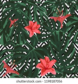Tropical Print. Jungle Seamless Pattern. Vector Tropic Summer Motif with Hawaiian Flowers. Interior Design
Swimwear Design. 
 
