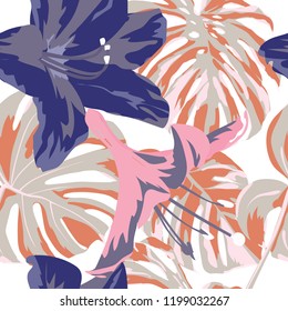 Tropical Print. Jungle Seamless Pattern. Vector Illustration of Tropical Leaves and Flowers. Swimwear Design. Summer Hawaiian Pattern. 
Aloha Fabric Repeated Print. 
 
