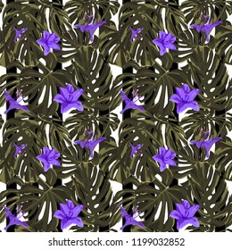 Tropical Print. Jungle Seamless Pattern. Vector Tropic Summer Motif with Hawaiian Flowers. Swimwear Design. Summer Hawaiian Pattern. 
Aloha Fabric Repeated Print. 
 
