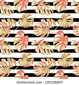 Tropical Print. Jungle Seamless Pattern. Vector Tropic Summer Motif with Hawaiian Flowers. Swimwear Design. Summer Hawaiian Pattern. 
Aloha Fabric Repeated Print. 
 
