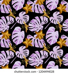 Tropical Print. Jungle Seamless Pattern. Vector Tropic Summer Motif with Hawaiian Flowers. Interior Design
Swimwear Design. 
 
