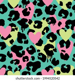 Tropical print with leopard spots graffiti and heart seamless pattern vector illustration 