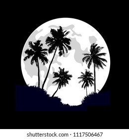 Tropical print on the T-shirt. Realistic silhouettes of coconut palms on a full moon background. Black and white monochrome vector graphics.