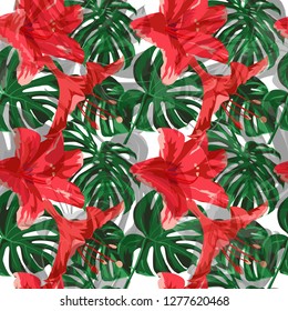 Tropical Print. Summer Design for Swimwear. Seamless Illustration. Exotic Palm Greenery Backdrop. Vector Tropical Seamless Print.