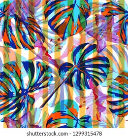 Tropical Print. Summer Design for Swimwear. Exotic Palm Greenery Backdrop. Repeat Illustration. Vector Tropical Seamless Print.
