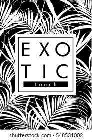 Tropical print with text in vector. Palm leaves pattern, monochrome.
