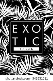 Tropical print with text in vector. Palm leaves pattern, monochrome.