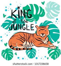 Tropical print with tiger. Circus animal show. Fashionable fabric design. Cute tiger vector. King of the jungle.