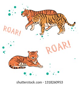 Tropical print with tiger. Circus animal show. Fashionable fabric design. Cute tiger vector. Roar