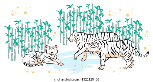Tropical print with tiger. Circus animal show. Fashionable fabric design. Cute tiger vector