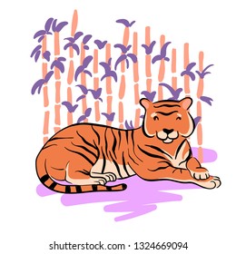 Tropical print with tiger. Circus animal show. Fashionable fabric design. Cute tiger vector