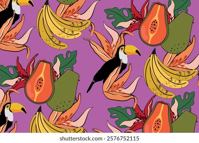 tropical print with toucan, leaves, banana and papaya. pink background, illustration for wallpaper, clothing print.